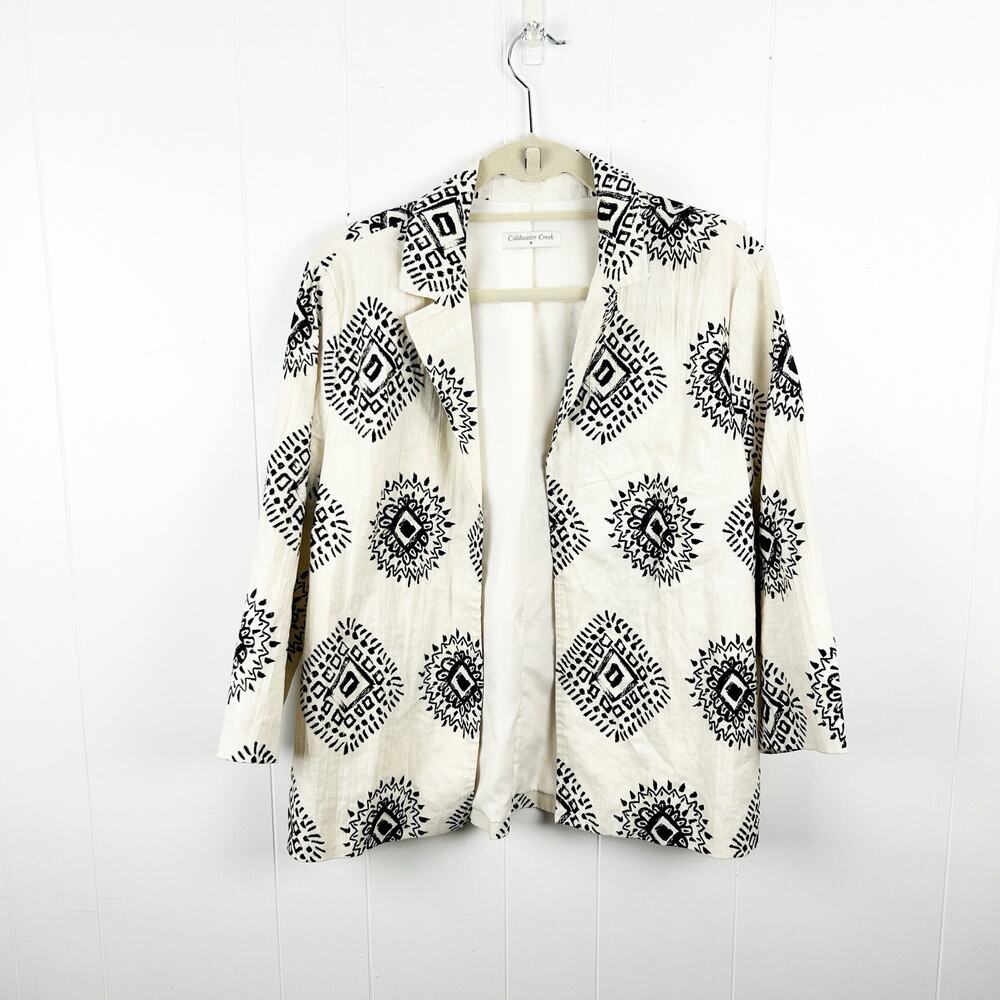 Coldwater Creek Cream and Black Medallion Print Linen Blend Blazer L